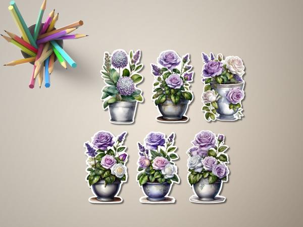 Sticker-Set mit fünf verschiedenen Blumenarrangements in Töpfen, dominiert von violetten und weißen Blüten. Elegant illustriert und perfekt für Dekorationsprojekte. Teil der floralen Stickerkollektion von DreamArt VM.
